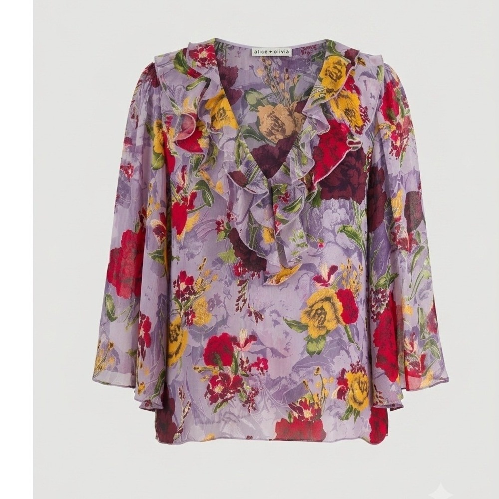 Alice +‎ Olivia Purple Floral Silk  Burnout Ruffle V-Neck Bell Sleeve Blouse L